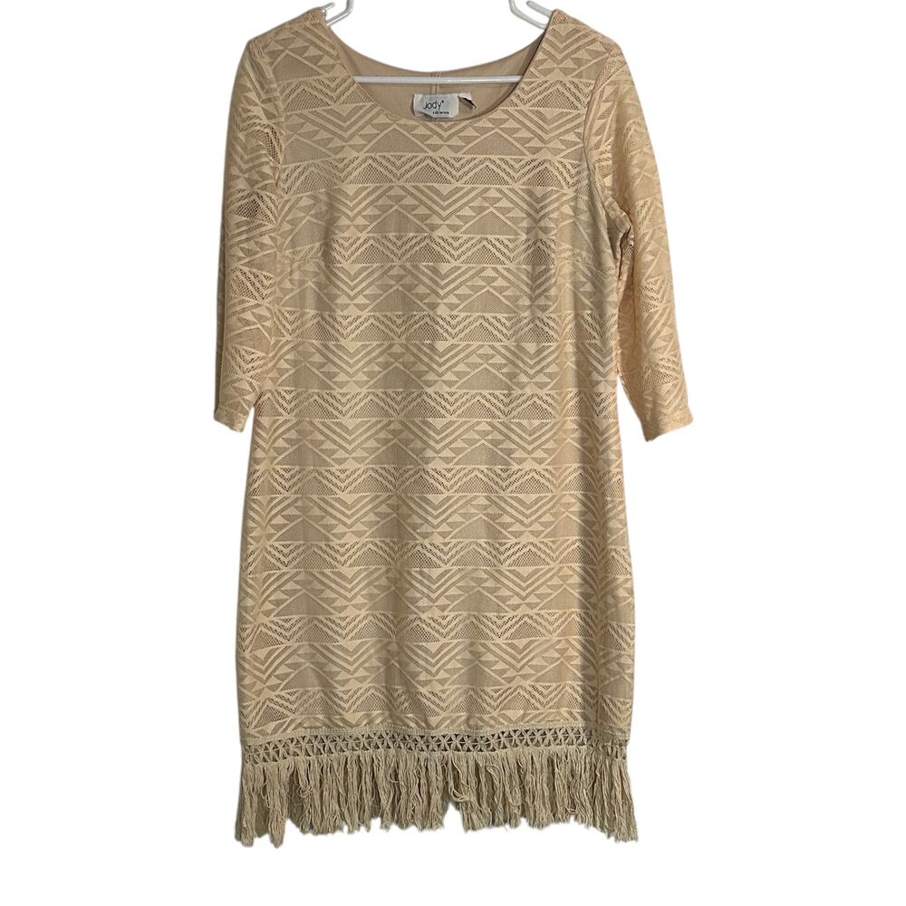 Jody California Dress Womens Large Beige Lace Overlay Midi Fringe Hem USA Made